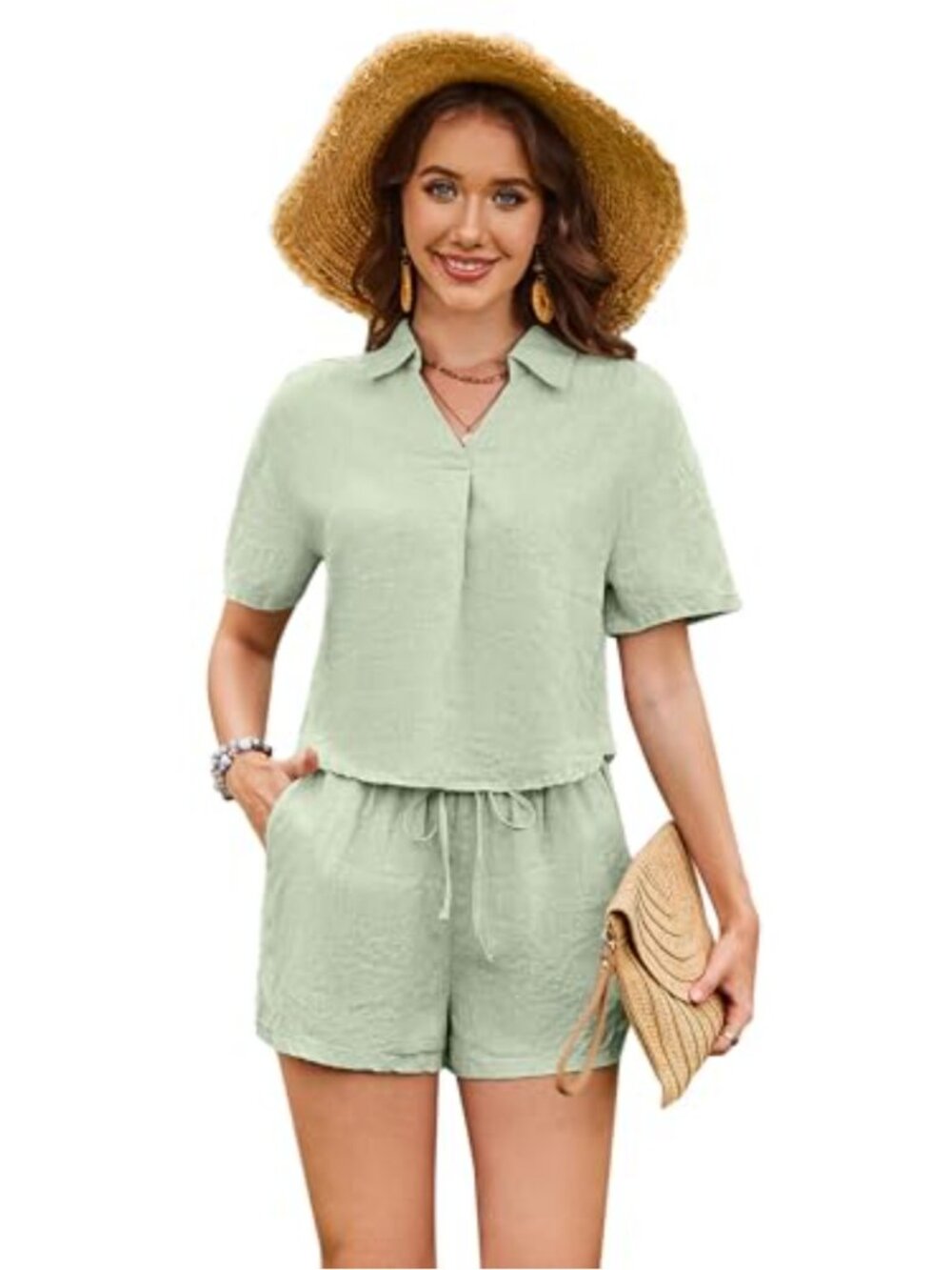 100% Linen 2 Piece Lounge Set V Neck Short Sleeve Top Elastic Waist Shorts